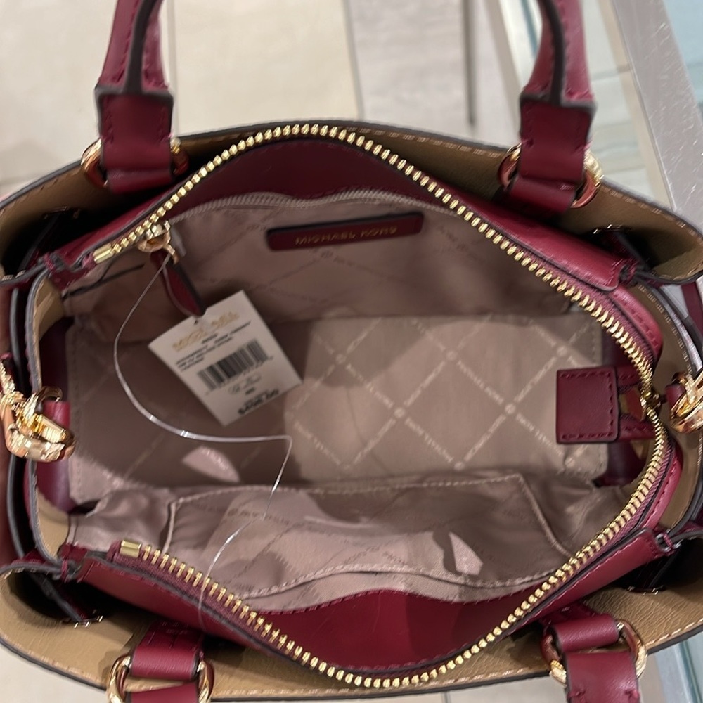 Michael Kors Reed Small Dark Cherry Leather Center Zip Belted Satchel Bag Purse - Picture 8 of 16